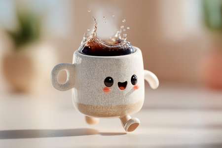 Adorable 3D illustration of a smiling ceramic coffee mug with a dynamic liquid splash. Warm lighting, soft background, charming character design, and playfulの素材