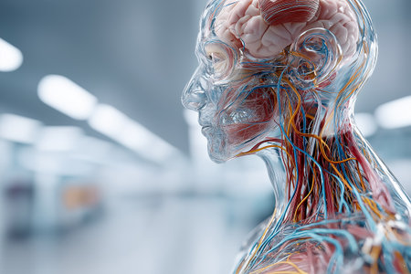 A futuristic anatomical head model rendered with glass-like transparency, exposing complex nerve structures and blood vessels. The visualization blends medical precisionの素材