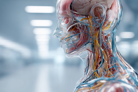 A hyper-realistic 3D anatomical portrait showcasing transparent tissues revealing veins, arteries. Designed with crystal-clear detailing medical visualization aestheticsの素材