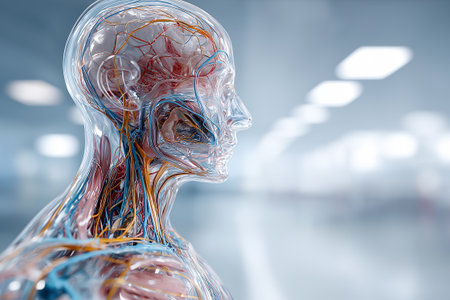 A hyper-realistic 3D anatomical portrait showcasing transparent tissues revealing veins, arteries. Designed with crystal-clear detailing medical visualization aestheticsの素材