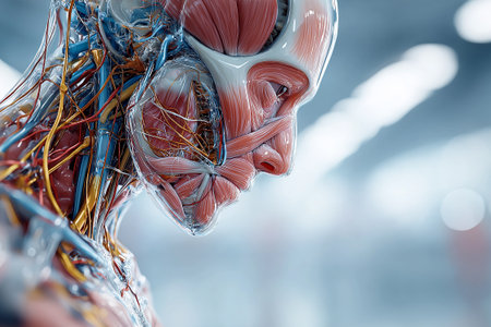 A futuristic anatomical head model rendered with glass-like transparency, exposing complex nerve structures and blood vessels. The visualization blends medical precisionの素材