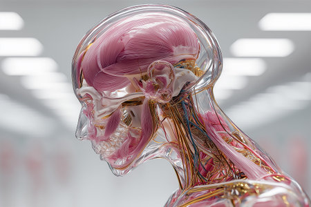 A futuristic anatomical head model rendered with glass-like transparency, exposing complex nerve structures and blood vessels. The visualization blends medical precisionの素材