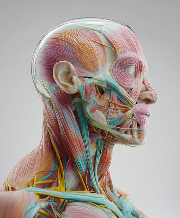 A hyper-realistic 3D anatomical portrait showcasing transparent tissues revealing veins, arteries, and neural pathways. Designed with crystal-clear detailing medical visualizationの素材