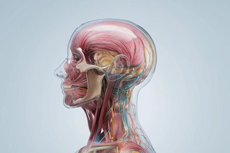 A meticulously crafted 3D anatomical portrait showcasing layered muscle groups, cranial bones, and colored nerve lines. Rendered with scientific realism and ideal for medical visuaの素材