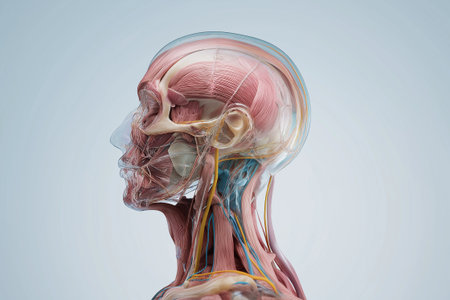 A meticulously crafted 3D anatomical portrait showcasing layered muscle groups, cranial bones, and colored nerve lines. Rendered with scientific realism and ideal for medical visuaの素材