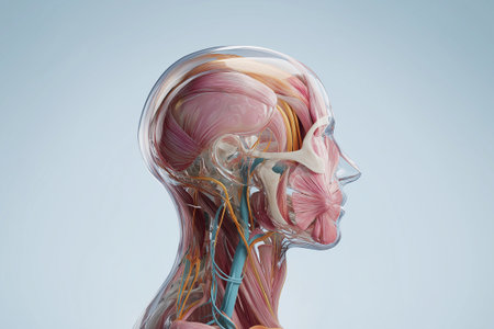 A highly accurate 3D visualization of the human head displaying the muscle system, facial structure, and nerve pathways. Perfect for medical referenceの素材