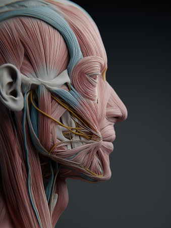 A precise 3D anatomical side-profile render showing detailed muscle fibers, nerves, and cranial structures. Designed with medical-level  for educational and artistic visualization.の素材