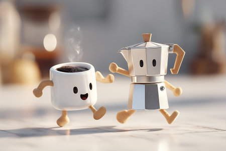 Stylized 3D render of a cute anthropomorphic coffee cup with expressive eyes and a dynamic splash of coffee. Soft lighting, cozy atmosphere, and friendly character feel perfect forの素材