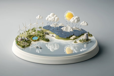 This detailed miniature world captures the beauty of a sustainable planet. Solar arrays and wind generators power lush forests, rivers, and a thriving community.の素材