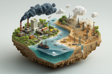 An isolated chunk of land floats in emptiness, overcrowded with metal refineries and oil structures spewing relentless smoke. The ground beneath is eroded and cracked,の素材