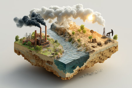 An isolated chunk of land floats in emptiness, overcrowded with metal refineries and oil structures spewing relentless smoke. The ground beneath is eroded and cracked,の素材