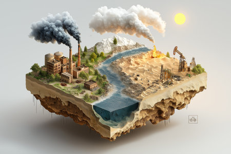 An isolated chunk of land floats in emptiness, overcrowded with metal refineries and oil structures spewing relentless smoke. The ground beneath is eroded and cracked,の素材