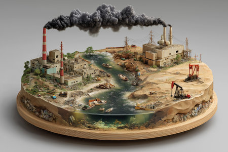 A surreal floating industrial island choked by dark, toxic smoke rising from towering chimneys. chemical-stained soil portray a world ravaged by dirty energyの素材
