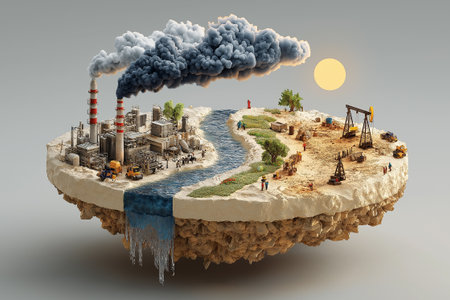 An isolated chunk of land floats in emptiness, overcrowded with metal refineries and oil structures spewing relentless smoke. The ground beneath is eroded and cracked,の素材