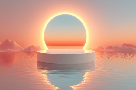 A dreamy beauty-product podium floating on glossy pink liquid, highlighted with soft golden reflections and blurred bokeh lights. Perfect for showcasing skincare, supplements,の素材