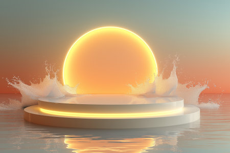 A dreamy beauty-product podium floating on glossy pink liquid, highlighted with soft golden reflections and blurred bokeh lights. Perfect for showcasing skincare, supplements,の素材