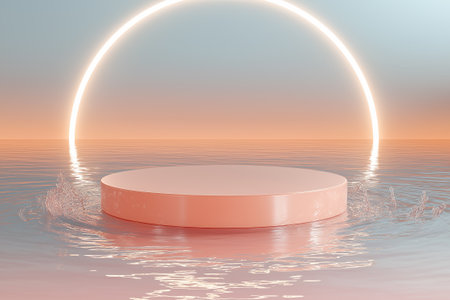 This modern circular podium floats above a tranquil water surface beneath softly illuminated curved arches. Ideal for presenting beauty goods, nutrition supplements,の素材
