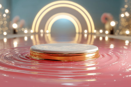 A dreamy beauty-product podium floating on glossy pink liquid, highlighted with soft golden reflections and blurred bokeh lights. Perfect for showcasing skincare, supplements,の素材