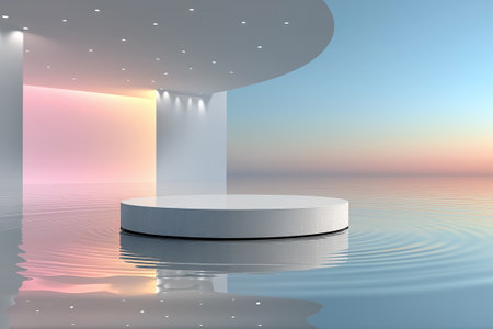 A serene minimalist product podium set above calm reflective water, framed by glowing arch lights and soft natural tones. Perfect for showcasing beauty items,の素材