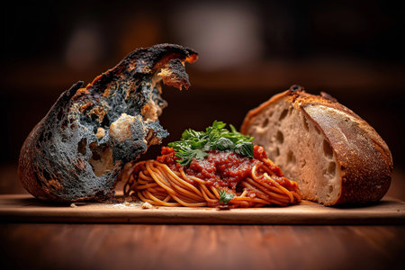 Close-up of spaghetti with tomato sauce and burnt bread covered with green and blue mold, illustrating food decay,の素材