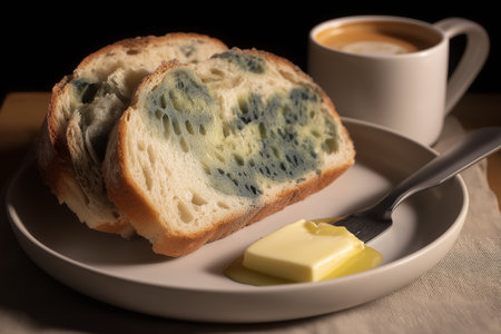 Close-up shot of heavily moldy rustic bread with aged butter on wooden plate, accompanied by an old ceramic coffee cup. The image highlights texture, decayの素材