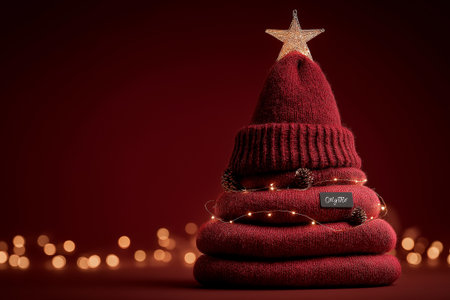 A charming and creative Christmas tree made entirely from stacked red knitted socks, topped with a warm Santa hat and a glowing star. Wrapped in soft string lightsの素材