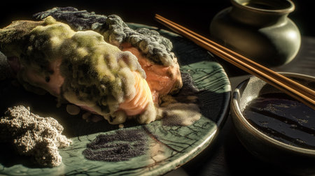 A highly realistic image of sushi that has developed extensive mold growth, showing the dangers of food spoilage. The salmon and plate display thick fungal patches,の素材