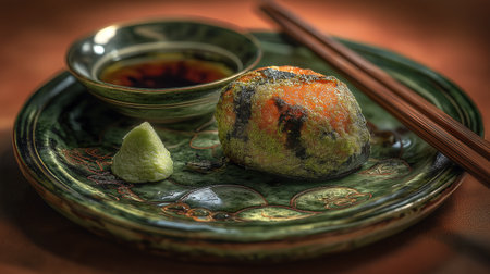 A highly realistic image of sushi that has developed extensive mold growth, showing the dangers of food spoilage. The salmon and plate display thick fungal patches,の素材