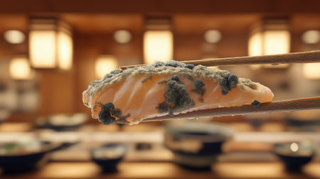 A highly realistic image of sushi that has developed extensive mold growth, showing the dangers of food spoilage. The salmon and plate display thick fungal patches,の素材