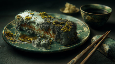 A conceptual artistic capture of Japanese sushi overtaken by mold. The salmon and rice are covered in multi-textured fungal clusters,の素材