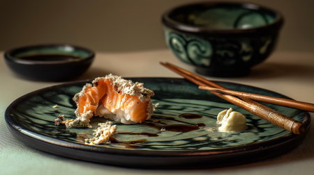 A highly realistic image of sushi that has developed extensive mold growth, showing the dangers of food spoilage. The salmon and plate display thick fungal patches,の素材