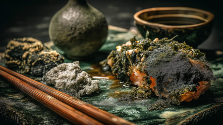 A conceptual artistic capture of Japanese sushi overtaken by mold. The salmon and rice are covered in multi-textured fungal clusters,の素材
