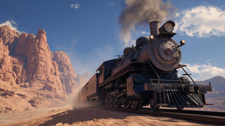 A mighty steam-powered train thunders along desert tracks, surrounded by rocky formations and morning light.の素材