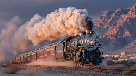 Freight train with smoke and steam on the background of mountains.の素材