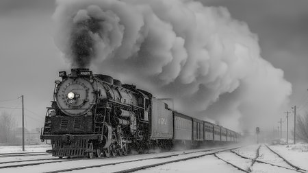 A classic steam locomotive powers forward through a frozen winter scene, releasing dense white smoke into the cold air. Frost-covered trees, icy ground,の素材
