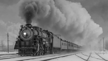 A classic steam locomotive powers forward through a frozen winter scene, releasing dense white smoke into the cold air. Frost-covered trees, icy ground,の素材