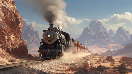 A mighty steam-powered train thunders along desert tracks, surrounded by rocky formations and morning light.の素材