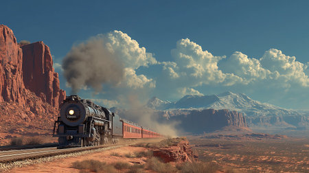 A vintage steam locomotive speeds through a vast desert valley, releasing thick dramatic smoke against rugged red-rock mountains. Warm sunlight highlights the powerful engine,の素材