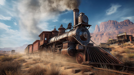 A vintage steam locomotive speeds through a vast desert valley, releasing thick dramatic smoke against rugged red-rock mountains. Warm sunlight highlights the powerful engine,の素材