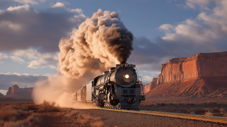 A vintage steam locomotive speeds through a vast desert valley, releasing thick dramatic smoke against rugged red-rock mountains. Warm sunlight highlights the powerful engine,の素材