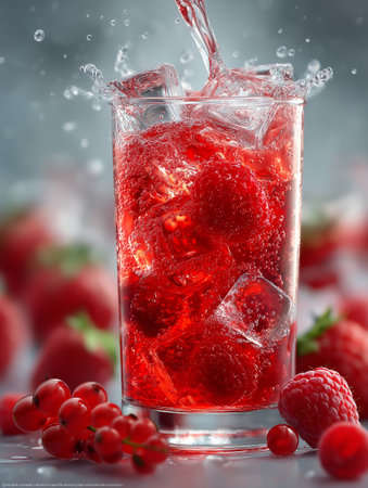 A vibrant glass of mixed berry Italian soda filled with sparkling bubbles, crystal ice cubes, and fresh berries. Bright red tones, fizzy textureの素材