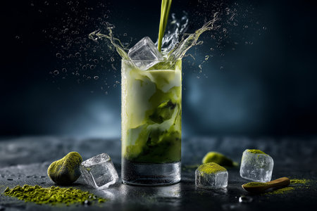 A refreshing glass of iced matcha green tea filled with bubbling carbonation, creamy swirls, and crystal-clear ice cubes.の素材