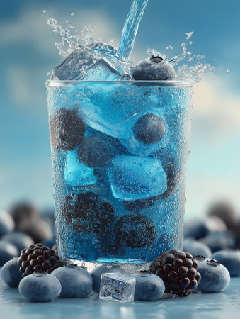 A refreshing blueberry Italian soda filled with sparkling bubbles, crystal-clear ice cubes, and fresh blueberries. Vivid blue tones,の素材