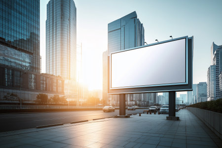 A large blank billboard stands prominently above a quiet highway during golden hour, surrounded by modern high-rise buildings. Ideal for advertising mockups, branding presentationsの素材