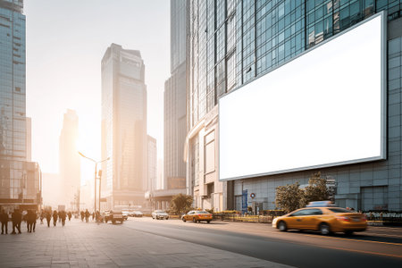 A massive blank billboard towering above a busy city street, surrounded by tall glass buildings and yellow taxis. Perfect for advertising concepts,の素材