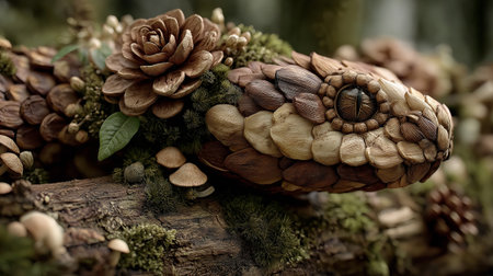 A detailed woodland snake formed from layered leaves, petals, and moss, resting among mushrooms and forest textures in a warm, natural setting.の素材