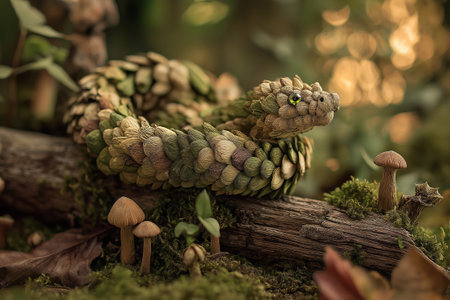 A detailed woodland snake formed from layered leaves, petals, and moss, resting among mushrooms and forest textures in a warm, natural setting.の素材