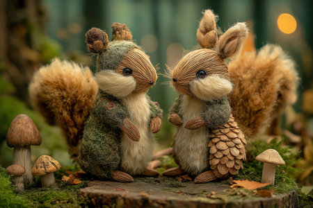 Charming woodland squirrels made from natural fibers, pinecones, and soft forest textures, holding acorns atop a mossy log in a warm, magical setting.の素材