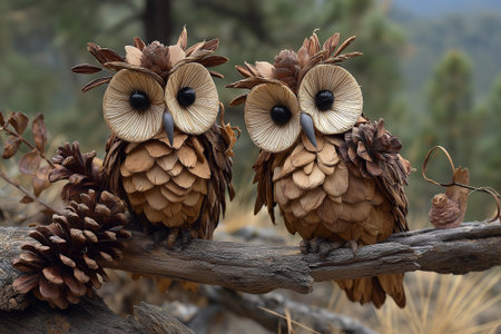 Nature-inspired owls made from petals, bark, and moss, set in a glowing forest scene filled with organic textures and soft woodland charm.の素材
