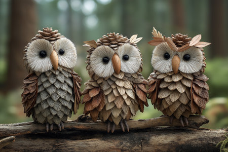 Nature-inspired owls made from petals, bark, and moss, set in a glowing forest scene filled with organic textures and soft woodland charm.の素材